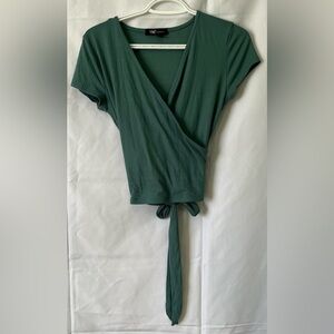 YMI Wrap Top Women’s M Green Ribbed Jersey V Neck Short Sleeve Tie Waist
